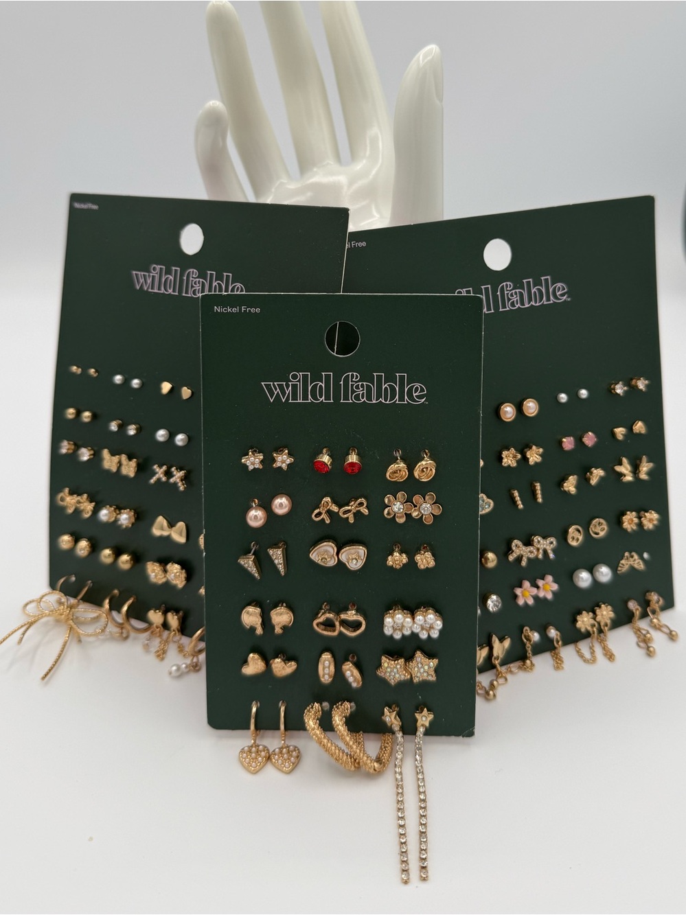 3 Wild Fable Gold-Tone Mixed Earring Sets with Rhinestones Pearl and Red Accents